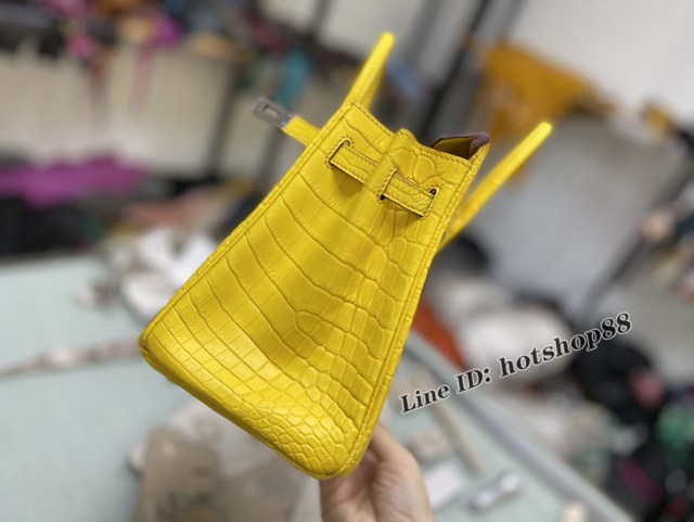 Hermes專櫃霧面尼羅鱷魚肚皮Birkin手提女包 愛馬仕25CM那不勒斯黃鉑金包 zhh1009